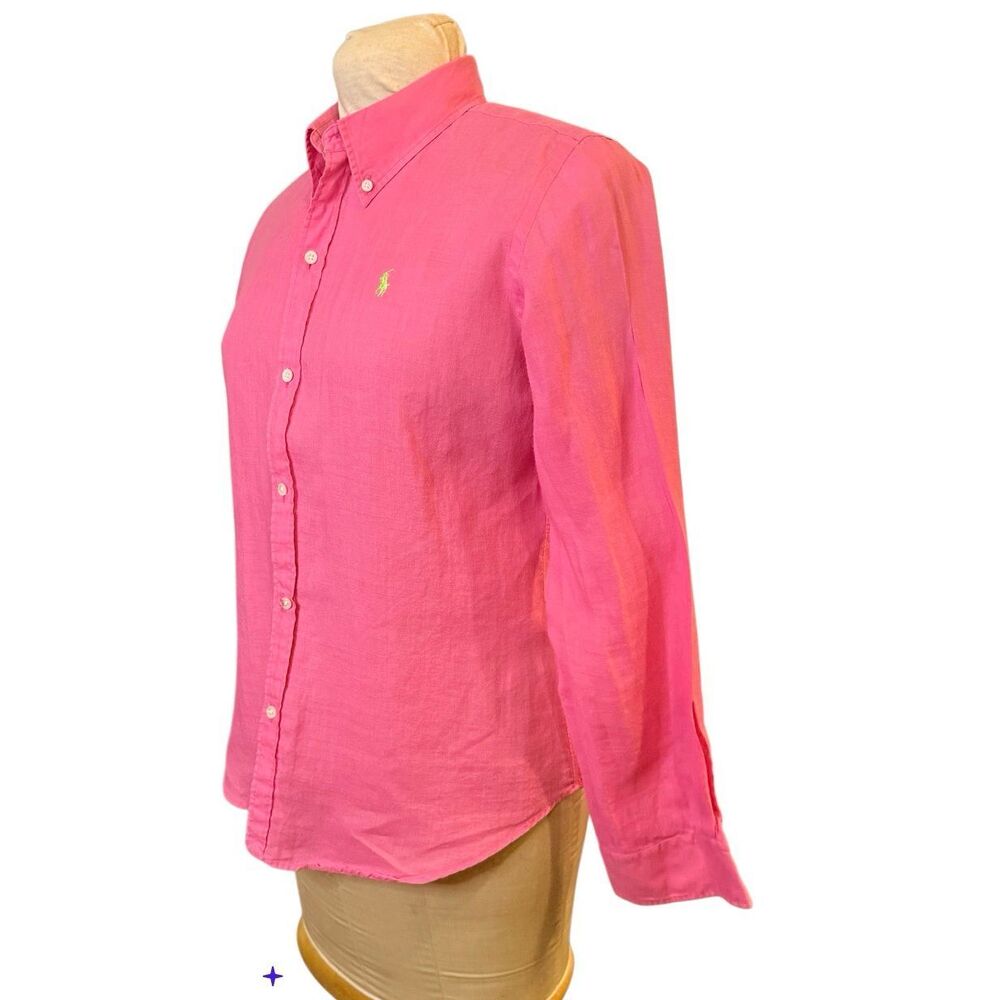 Ralph Lauren Slim Fit Bamboo Pink Button Down Women's 12 Green Pony Rare - Picture 5 of 12